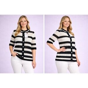 Solitaire Womens Crochet Cardigan Black White Striped Button Front Boho Large